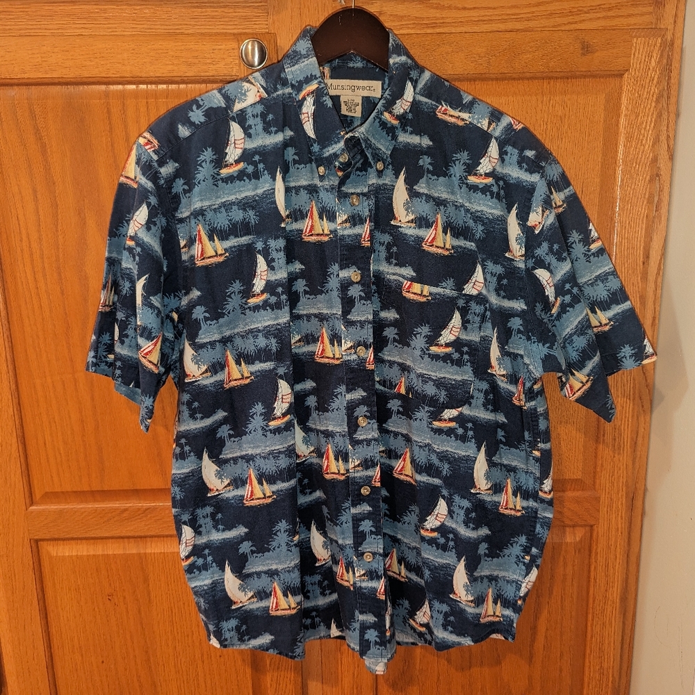Vintage Musingwear Blue Boat Palm Beach Short Sleeve Button up Shirt Men size L